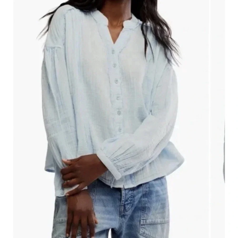 Free People We The Free Valley Double Cloth Shirt ICE BLUE Size XS $128